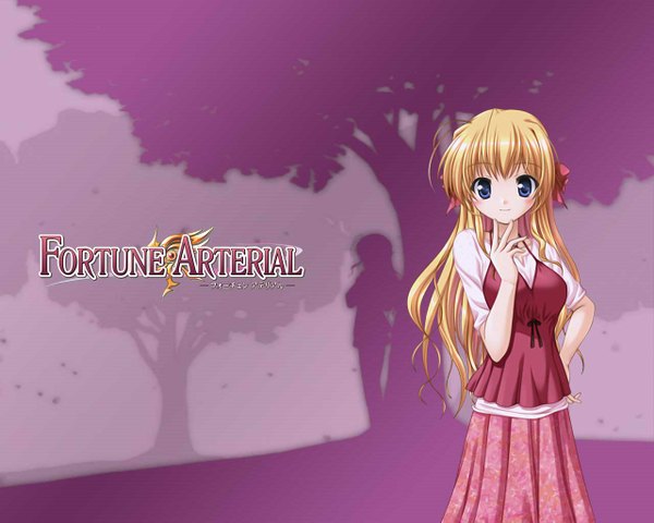 Anime picture 1280x1024 with fortune arterial august soft sendou erika bekkankou single long hair looking at viewer fringe blue eyes blonde hair standing payot ahoge arm up light smile copyright name hand on hip hand to mouth purple background silhouette