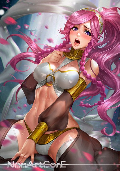 Anime picture 700x990 with fire emblem fire emblem awakening olivia (fire emblem) nudtawut thongmai single long hair tall image looking at viewer blush fringe breasts open mouth light erotic sitting purple eyes bare shoulders pink hair ponytail braid (braids) realistic