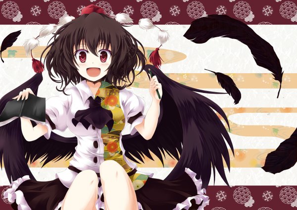 Anime picture 3000x2123 with touhou shameimaru aya tamago gohan single highres short hair open mouth black hair red eyes absurdres girl dress wings book (books) feather (feathers) tokin hat