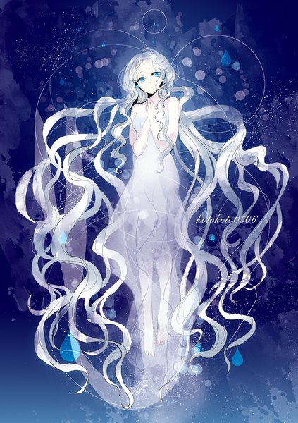 Anime picture 800x1134 with original koto2 single tall image blue eyes signed looking away silver hair very long hair barefoot girl dress earrings white dress