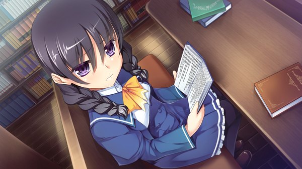Anime picture 1280x720 with gensou douwa alicetale long hair black hair wide image purple eyes game cg braid (braids) girl uniform school uniform book (books)