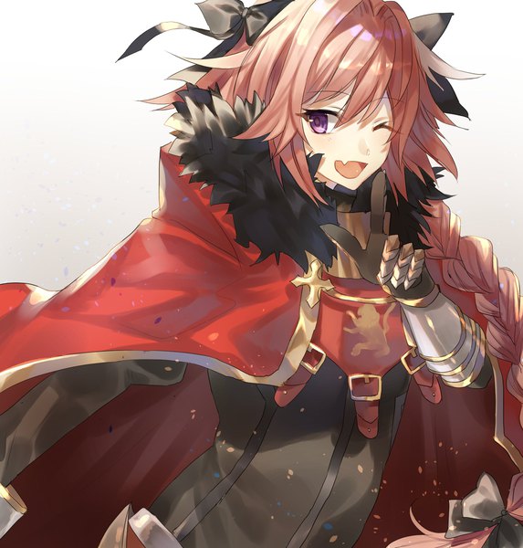 Anime picture 2100x2200 with fate (series) fate/apocrypha astolfo (fate) tsugutoku single long hair tall image highres open mouth simple background purple eyes pink hair upper body braid (braids) one eye closed multicolored hair wink two-tone hair fang (fangs) streaked hair