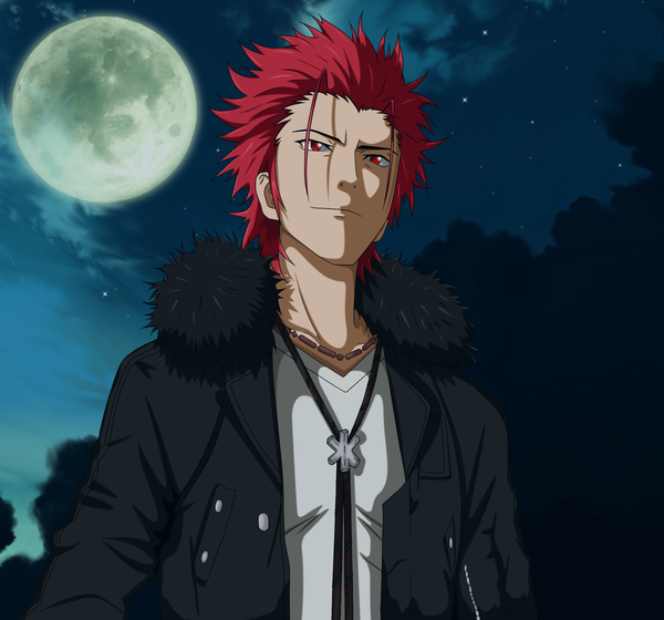 Anime picture 2026x1893 with k-project gohands (studio) mikoto suoh flowerinhell single highres short hair red eyes red hair night open clothes open jacket boy jacket pendant moon