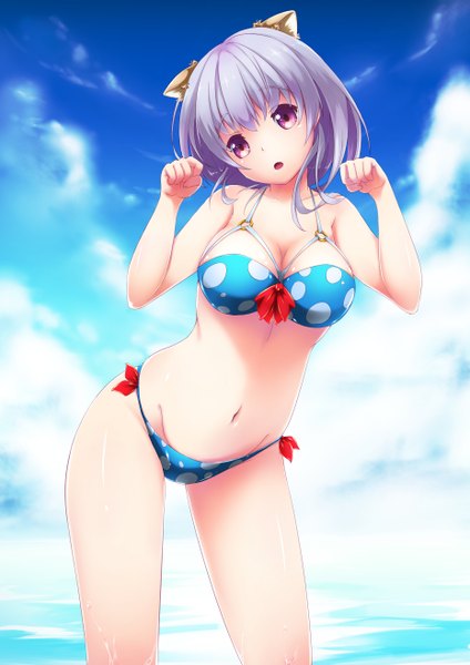 Anime picture 930x1316 with original hachi fushigi single tall image looking at viewer blush fringe short hair breasts open mouth light erotic large breasts standing bare shoulders animal ears sky purple hair cloud (clouds) pink eyes cat ears