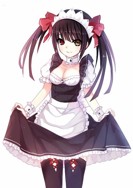 Anime picture 717x1011 with date a live tokisaki kurumi bai kongque (shirokujaku) single long hair tall image looking at viewer black hair simple background smile red eyes white background twintails yellow eyes cleavage maid heterochromia dress lift girl thighhighs