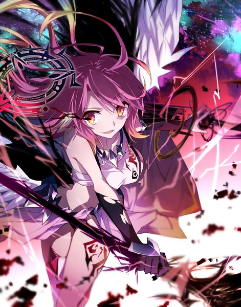 Anime picture 740x942 with no game no life madhouse jibril (no game no life) tsuedzu single long hair tall image looking at viewer breasts light erotic holding purple hair ahoge parted lips multicolored hair blurry night midriff orange eyes tattoo