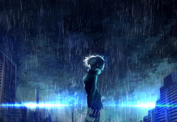 Anime picture 2088x1440 with original tarbo (exxxpiation) single highres short hair black hair standing profile aqua eyes light smile fur trim text city looking up rain cityscape english glow girl thighhighs