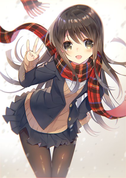 Anime picture 1062x1500 with original rugo single long hair tall image looking at viewer blush open mouth brown hair brown eyes leaning hand on hip girl uniform school uniform pantyhose black pantyhose scarf red scarf