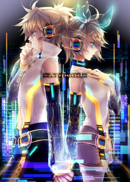 Anime picture 1000x1400 with vocaloid vocaloid append kagamine rin kagamine len kagamine rin (append) kagamine len (append) yutif (artist) tall image short hair blue eyes blonde hair bare shoulders profile inscription holding hands twins back to back girl boy hair ornament