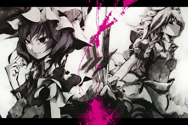 Anime picture 1134x757 with touhou remilia scarlet izayoi sakuya dain short hair smile red eyes multiple girls profile maid monochrome letterboxed girl 2 girls headdress maid headdress bonnet knife