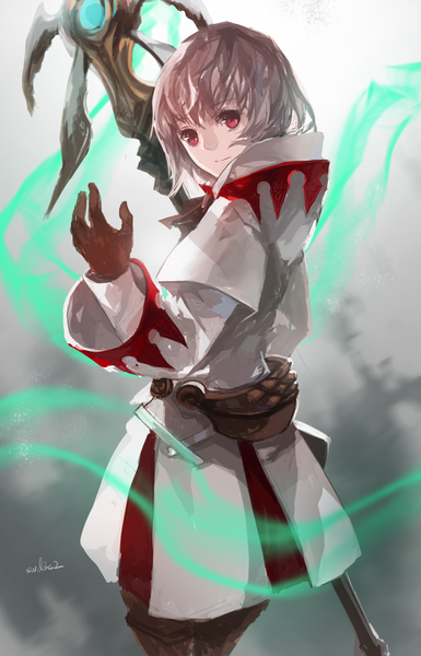 Anime picture 850x1322 with final fantasy final fantasy xiv square enix white mage swd3e2 single tall image looking at viewer short hair red eyes signed silver hair turning head girl dress gloves staff