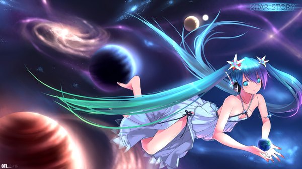 Anime picture 3000x1688 with vocaloid hatsune miku yykuaixian long hair highres blue eyes wide image blue hair girl flower (flowers) headphones