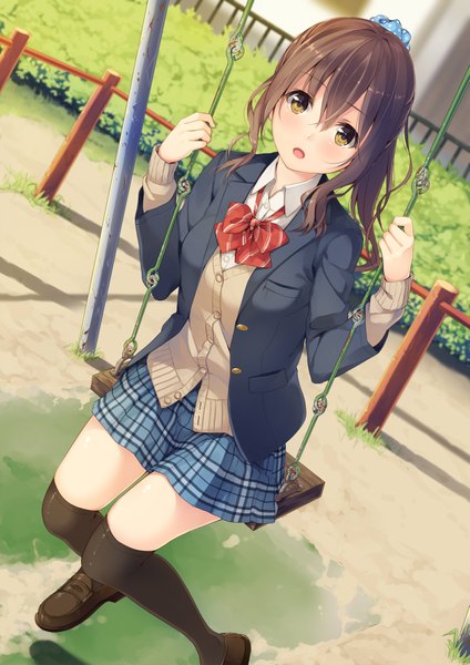 Anime picture 1413x2000 with original unasaka ryou single long hair tall image looking at viewer blush fringe open mouth hair between eyes brown hair brown eyes ponytail girl thighhighs skirt uniform black thighhighs school uniform miniskirt