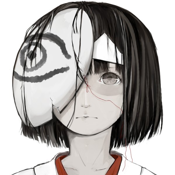 Anime picture 2952x2952 with noragami studio bones nora (noragami) aisling single looking at viewer fringe highres short hair black hair simple background white background grey eyes close-up face pale skin mask on head broken girl mask