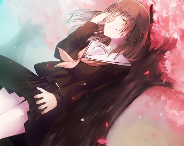 Anime picture 1004x796 with original yoshino single fringe short hair brown hair standing holding brown eyes pleated skirt wind from below cherry blossoms spring girl skirt uniform plant (plants) school uniform petals
