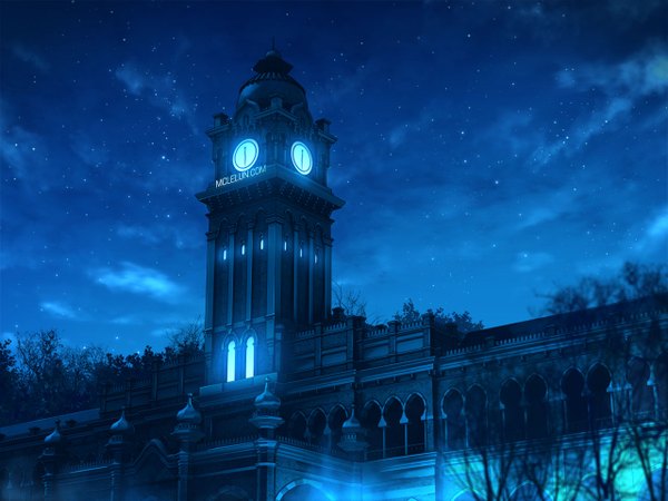 Anime picture 1280x960 with original mclelun sky cloud (clouds) outdoors night night sky no people landscape plant (plants) tree (trees) star (stars) clock tower clock tower