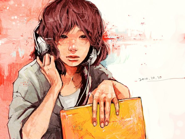 Anime picture 1024x768 with original tae (artist) brown hair brown eyes lips headphones book (books)