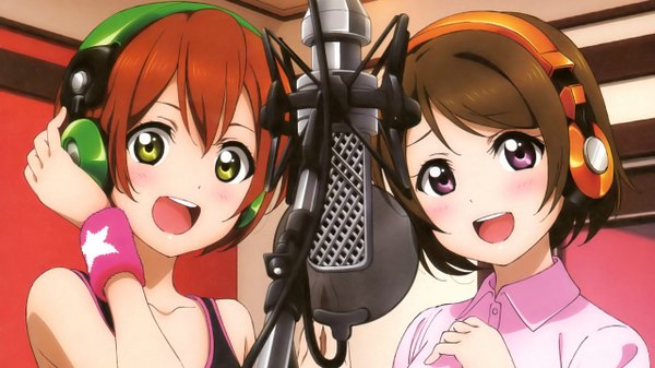 Anime picture 2560x1440 with love live! school idol project sunrise (studio) love live! hoshizora rin koizumi hanayo tagme (artist) looking at viewer blush highres short hair open mouth brown hair wide image purple eyes bare shoulders multiple girls green eyes red hair indoors scan