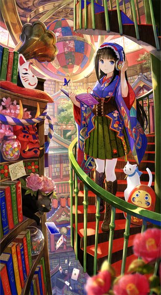 Anime picture 816x1484 with original fuzichoco single long hair tall image looking at viewer fringe blue eyes black hair blunt bangs traditional clothes japanese clothes lacing girl dress flower (flowers) animal boots hairband headphones