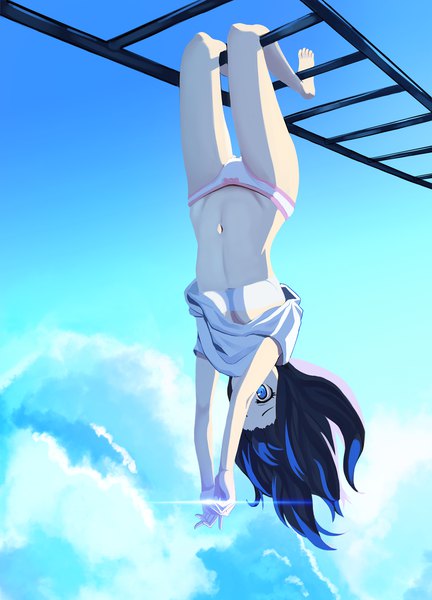 Anime picture 1442x2000 with original daydream (zhdkffk21) single long hair tall image breasts blue eyes light erotic black hair blue hair looking away sky cloud (clouds) full body multicolored hair two-tone hair bare belly bare legs lens flare outstretched arm