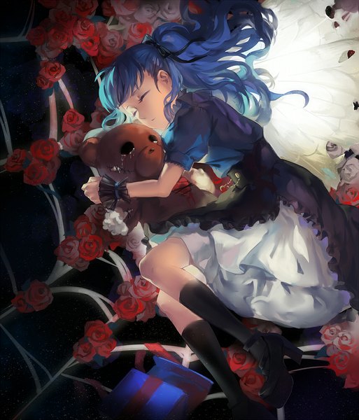 Anime picture 855x1000 with original rifsom single long hair tall image highres blue hair ponytail tail eyes closed sleeping angel wings white wings girl skirt flower (flowers) shirt wings rose (roses) toy