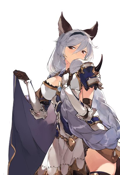 Anime picture 1000x1453 with granblue fantasy heles duoyuanjun single tall image looking at viewer blush fringe breasts simple background hair between eyes large breasts standing white background holding brown eyes silver hair purple hair ahoge braid (braids)