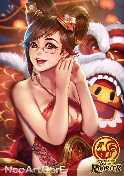 Anime picture 700x990 with overwatch blizzard entertainment mei (overwatch) snowball (overwatch) nudtawut thongmai single tall image looking at viewer fringe open mouth light erotic smile brown hair bare shoulders brown eyes signed cleavage traditional clothes fingernails lips