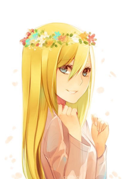 Anime picture 1201x1748 with shingeki no kyojin production i.g krista lenz persona92 (orichie) single long hair tall image blue eyes blonde hair smile white background girl shirt fist wreath