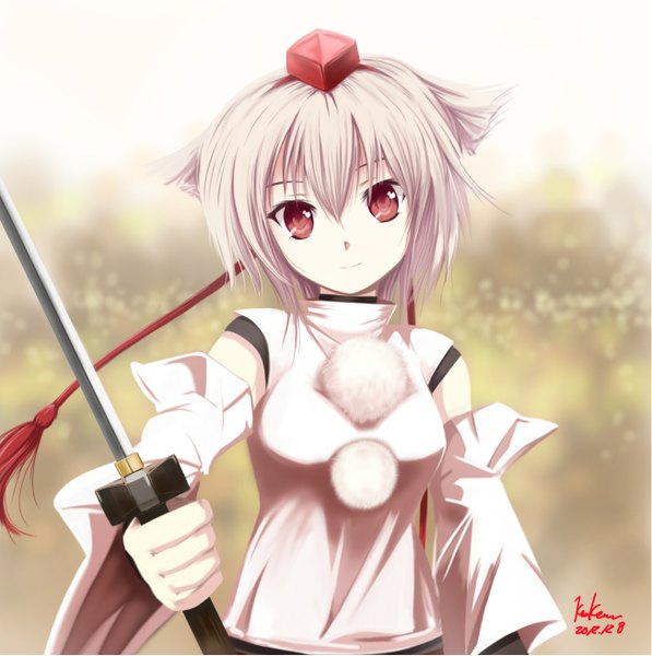 Anime picture 1306x1313 with touhou inubashiri momiji kem kem single tall image looking at viewer short hair red eyes signed animal ears silver hair girl weapon hat detached sleeves sword katana