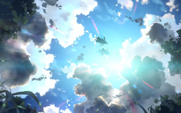 Anime picture 1920x1200 with sword art online a-1 pictures yuuki asuna kirigaya kazuto yuuki tatsuya long hair highres short hair black hair blue hair sky cloud (clouds) lens flare elf flying girl boy plant (plants) wings cloak