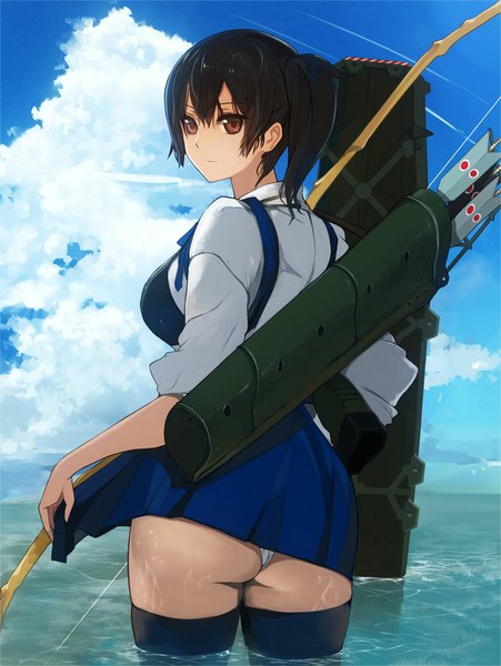 Anime picture 765x1017 with kantai collection kaga aircraft carrier pupps single tall image short hair light erotic brown hair brown eyes sky cloud (clouds) ass ponytail pantyshot turning head side ponytail wet clothes girl thighhighs skirt