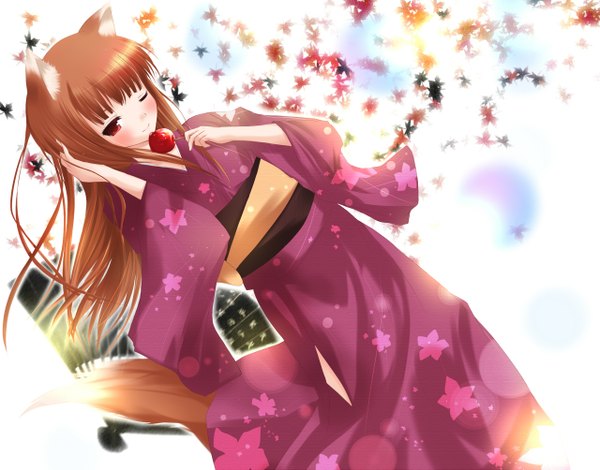 Anime picture 1280x1003 with spice and wolf horo red eyes animal ears tail japanese clothes wolf ears wolf tail wolf girl girl yukata lollipop