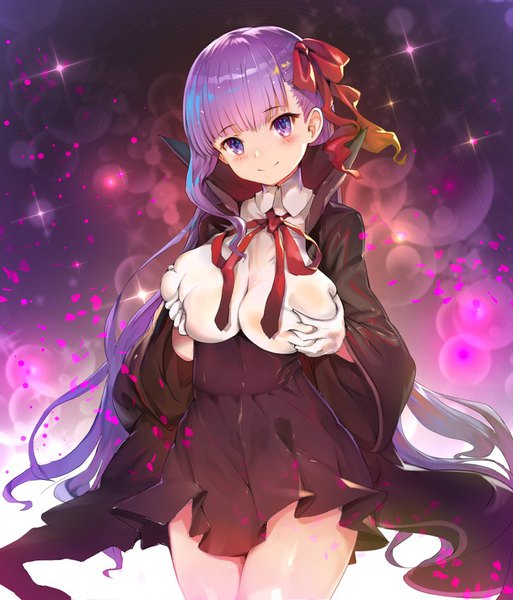Anime picture 727x850 with fate (series) fate/extra fate/extra ccc bb (fate) (all) bb (fate/extra) teddy (khanshin) single long hair tall image looking at viewer blush light erotic simple background smile standing purple eyes purple hair pleated skirt wide sleeves sparkle
