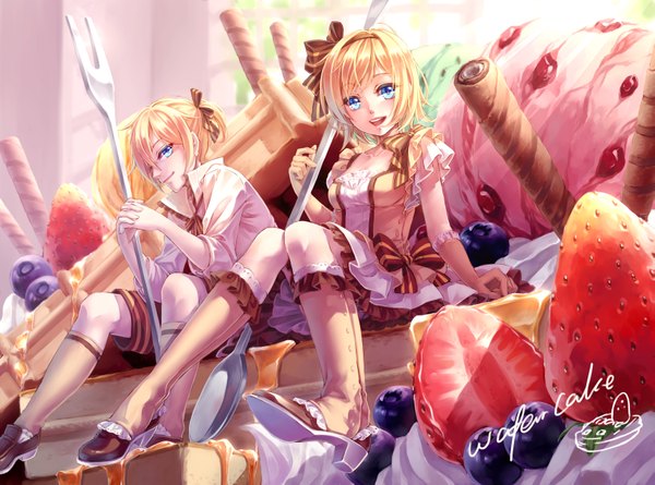 Anime picture 3437x2551 with vocaloid kagamine rin kagamine len maple (artist) looking at viewer highres short hair open mouth blue eyes blonde hair sitting absurdres girl dress boy food boots berry (berries) strawberry