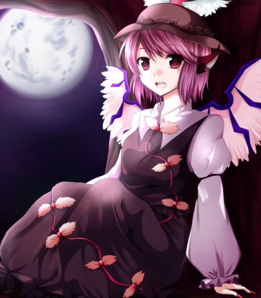 Anime picture 1050x1200 with touhou mystia lorelei nyara nico (artist) tall image short hair open mouth animal ears pink hair pink eyes night girl plant (plants) hat wings tree (trees) moon