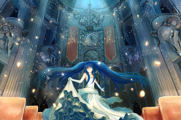 Anime picture 3306x2203 with umineko no naku koro ni furudo erika zen (weishanzhe) single long hair looking at viewer highres blue eyes smile standing twintails bare shoulders holding blue hair absurdres horn (horns) girl dress gloves petals