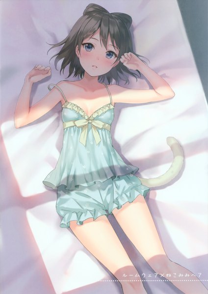Anime picture 2143x3033 with fukahire (ruinon) single tall image blush fringe highres short hair breasts blue eyes brown hair tail lying parted lips head tilt animal tail shadow on back cat tail legs looking up