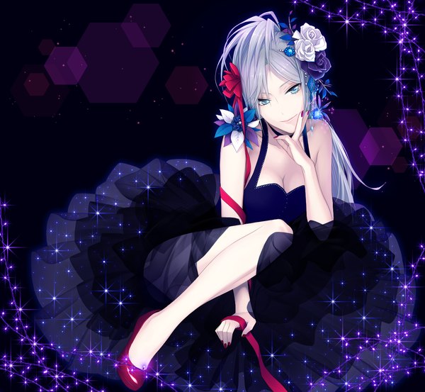 Anime picture 1300x1200 with original chimachi single long hair blue eyes sitting bare shoulders cleavage nail polish hair flower light smile grey hair arm support glowing girl dress hair ornament flower (flowers) ribbon (ribbons) choker