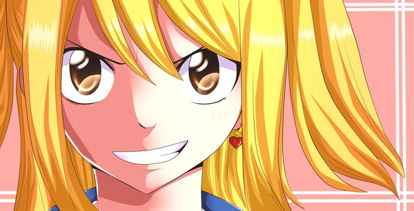 Anime picture 1024x525 with fairy tail lucy heartfilia mmdlucyextend single long hair blonde hair smile wide image brown eyes grin coloring close-up face girl earrings