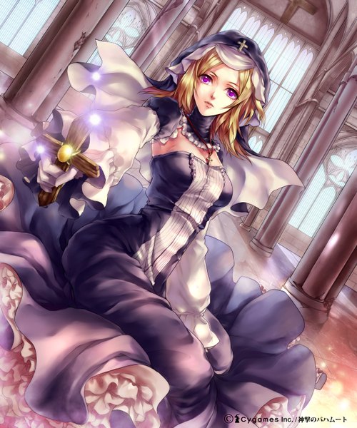 Anime picture 1200x1440 with original liiko single tall image looking at viewer short hair blonde hair purple eyes girl dress gloves hair ornament detached sleeves choker window pendant cross pillar column habit