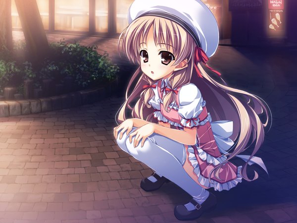 Anime picture 1600x1200 with kourin no machi lavender no shoujo (game) yuuki hagure blonde hair brown eyes game cg loli thighhighs hat white thighhighs