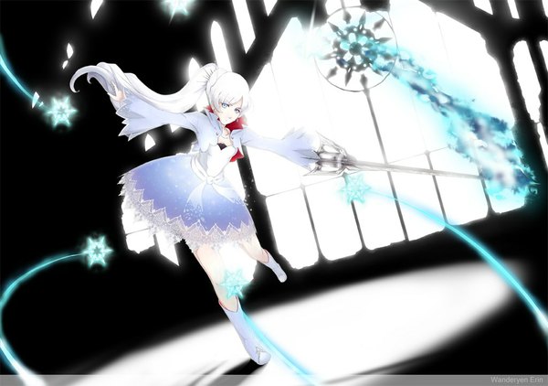 Anime picture 1024x721 with rwby rooster teeth weiss schnee wanderyen erin single long hair blue eyes white hair ponytail long sleeves dutch angle magic girl dress weapon sword boots snowflake (snowflakes)
