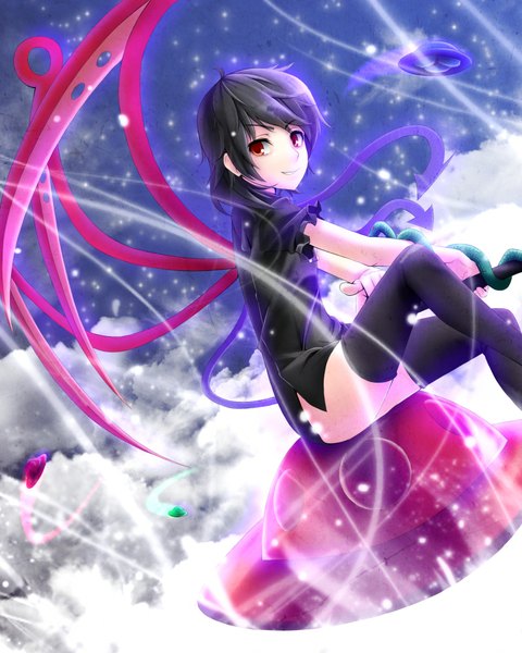 Anime picture 1600x2000 with touhou houjuu nue gayprince single tall image short hair black hair red eyes cloud (clouds) girl thighhighs black thighhighs wings spacecraft directional arrow ufo flying saucer