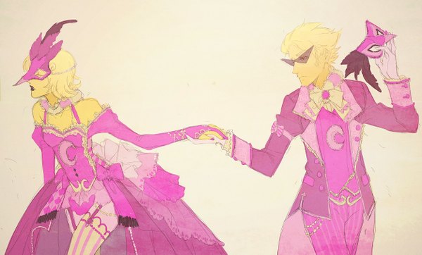 Anime picture 1254x757 with homestuck dirk strider roxy lalonde mookie000 short hair blonde hair simple background wide image bare shoulders holding eyes closed nail polish profile couple holding hands crescent girl thighhighs dress boy