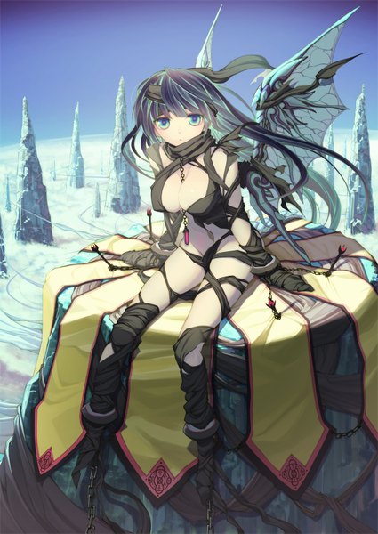 Anime picture 1200x1695 with original kimura daisuke single long hair tall image looking at viewer breasts blue eyes light erotic large breasts sitting cleavage full body wind aqua hair girl wings hairband chain