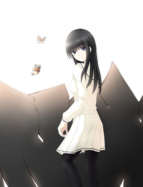 Anime picture 2600x3400 with innocent grey kuchiki toko centon (736023681) single long hair tall image highres blue eyes black hair white background looking back girl uniform school uniform insect butterfly