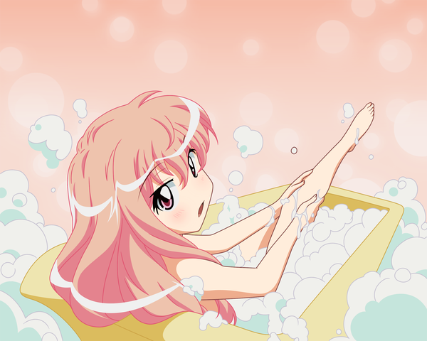 Anime picture 1280x1024 with zero no tsukaima j.c. staff louise francoise le blanc de la valliere single long hair looking at viewer blush fringe open mouth simple background hair between eyes bare shoulders pink hair pink eyes looking back barefoot bare legs leg up orange background bathing