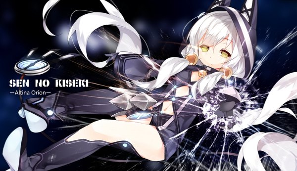 Anime picture 1920x1110 with eiyuu densetsu altina orion saru (longbb) single looking at viewer highres wide image twintails yellow eyes white hair very long hair inscription character names weightlessness against glass girl navel boots bodysuit