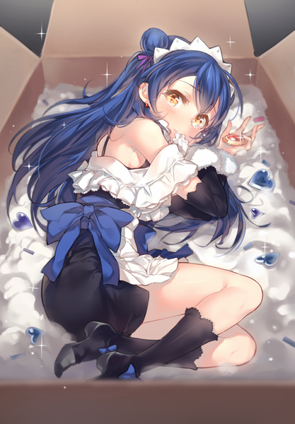 Anime picture 884x1271 with love live! school idol project sunrise (studio) love live! sonoda umi yuran (cozyquilt) single long hair tall image looking at viewer blush yellow eyes blue hair lying maid hair bun (hair buns) on side in container in box girl dress