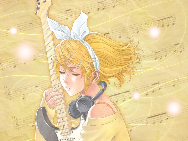 Anime picture 1600x1200 with vocaloid kagamine rin hata hata music girl headphones guitar